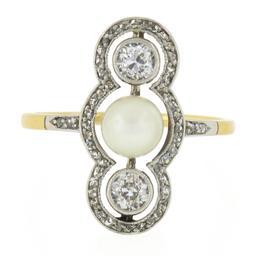 Antique Edwardian 14K Gold & Platinum European Diamond & 5.9mm Pearl Dinner Ring
