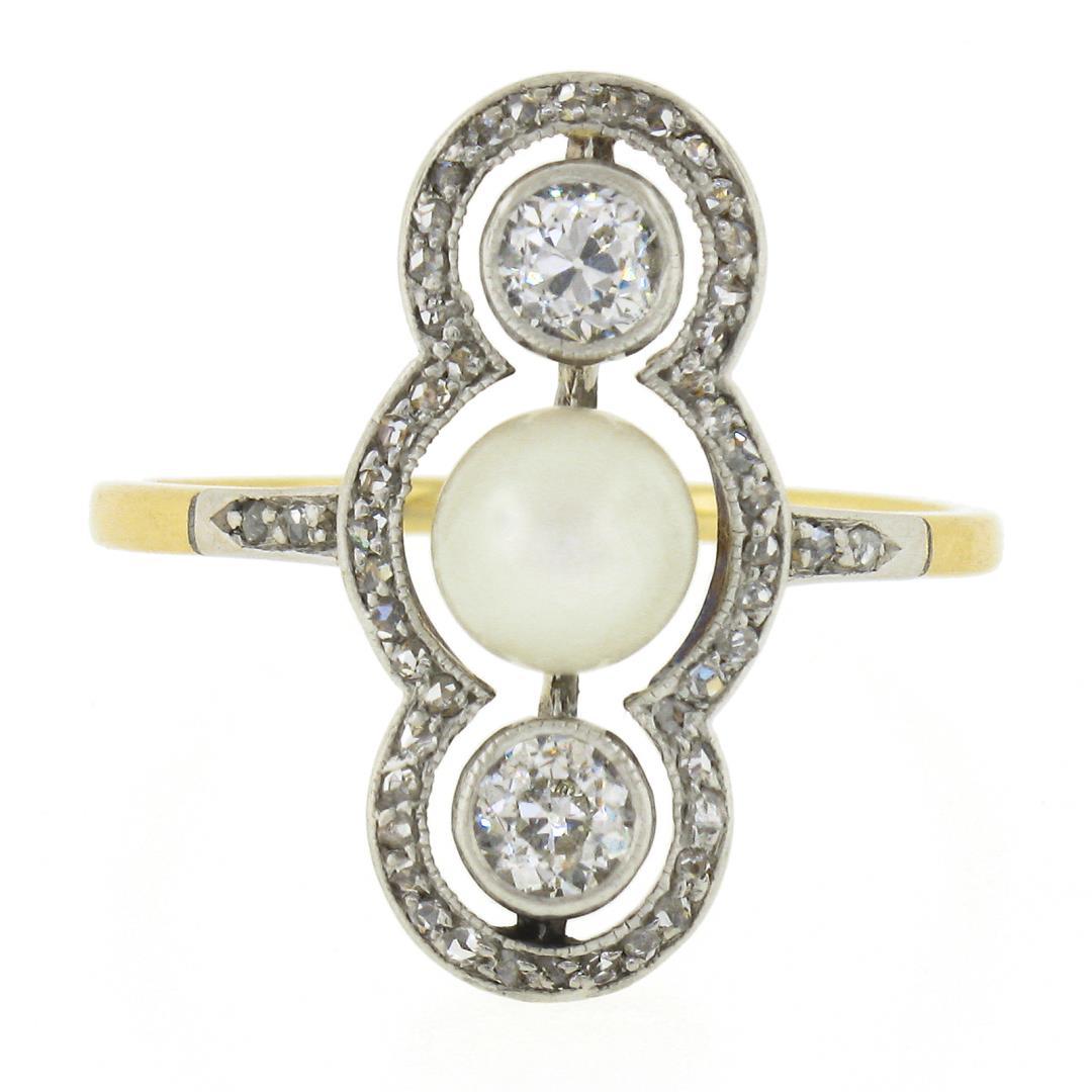 Antique Edwardian 14K Gold & Platinum European Diamond & 5.9mm Pearl Dinner Ring