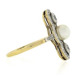 Antique Edwardian 14K Gold & Platinum European Diamond & 5.9mm Pearl Dinner Ring