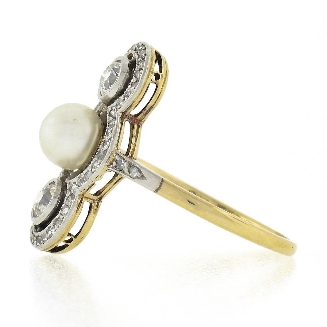 Antique Edwardian 14K Gold & Platinum European Diamond & 5.9mm Pearl Dinner Ring