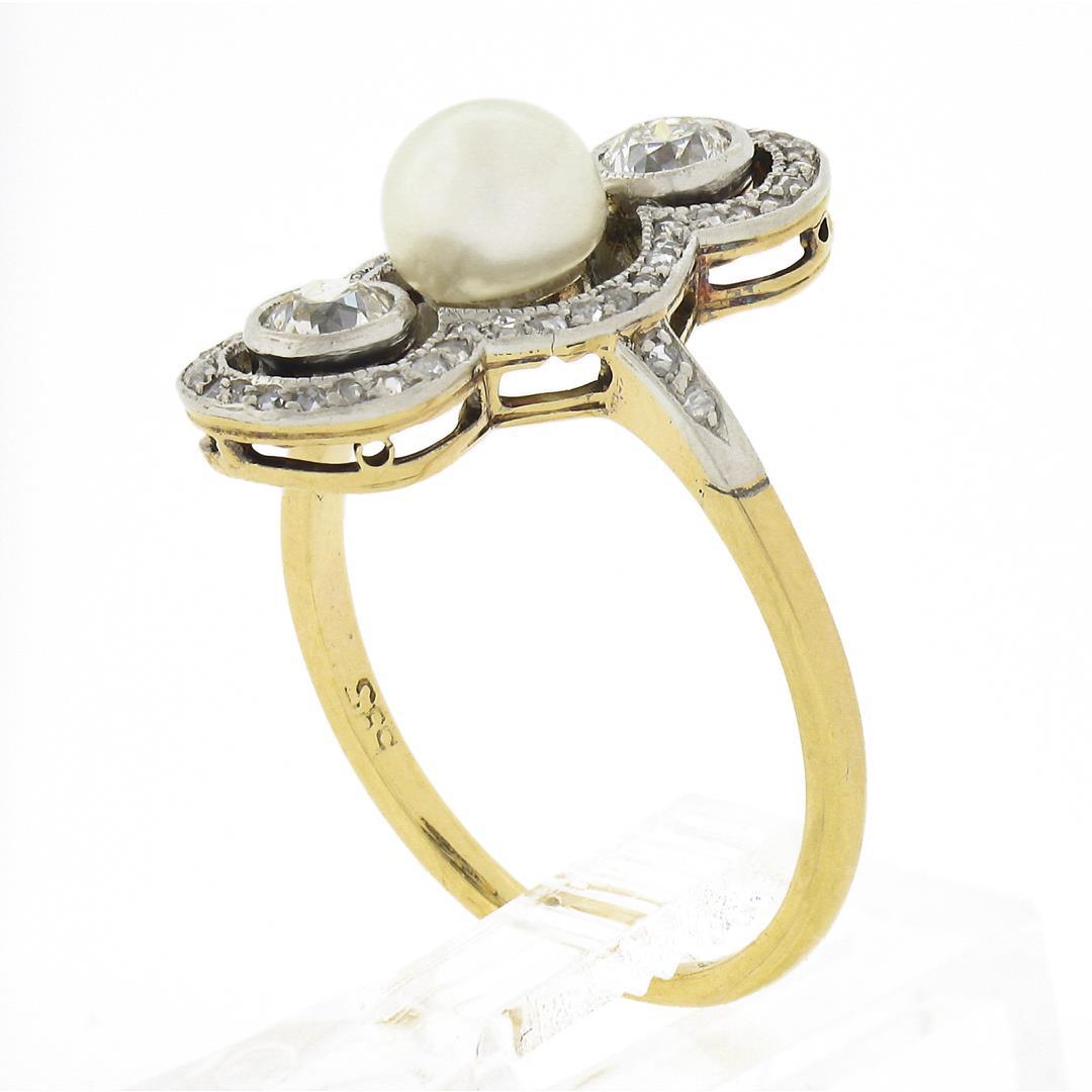 Antique Edwardian 14K Gold & Platinum European Diamond & 5.9mm Pearl Dinner Ring