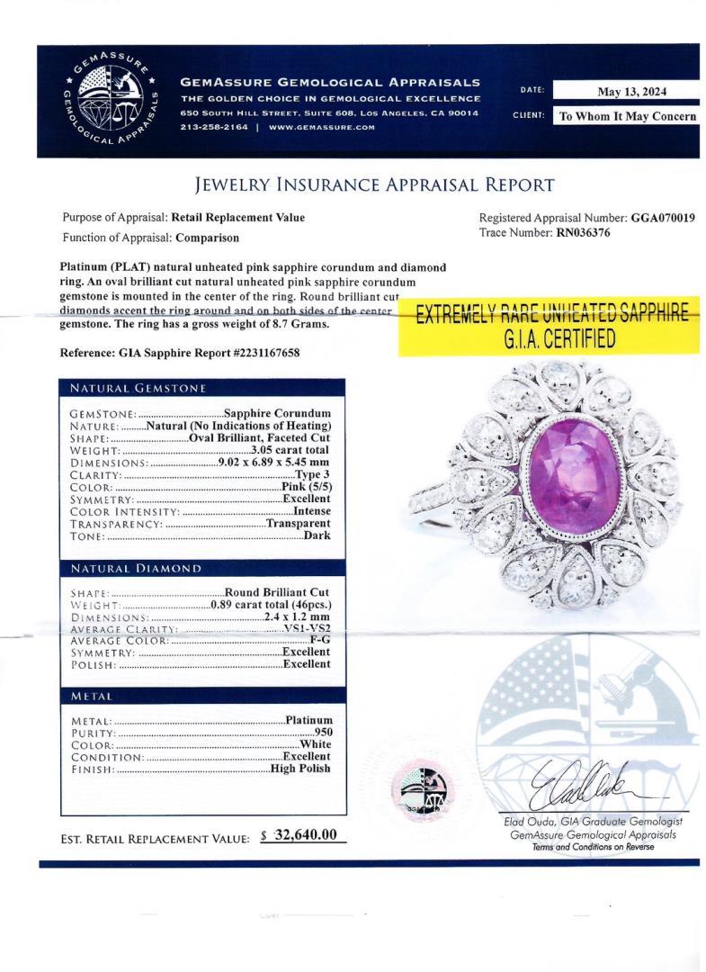 3.05 ctw UNHEATED Pink Sapphire and 0.89 ctw Diamond Platinum Ring (GIA CERTIFIE