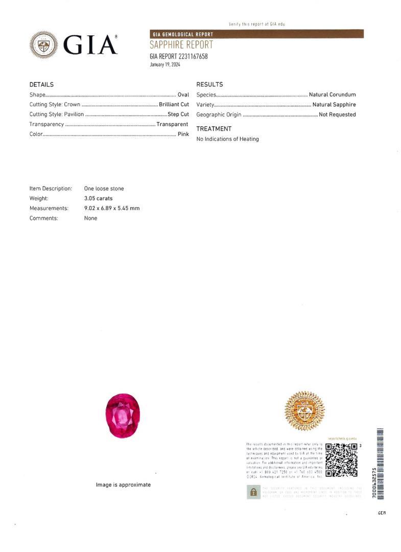 3.05 ctw UNHEATED Pink Sapphire and 0.89 ctw Diamond Platinum Ring (GIA CERTIFIE