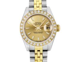 Rolex Ladies 18K Gold And Steel Champagne Index Diamond Bezel Hidden Clasp Datej