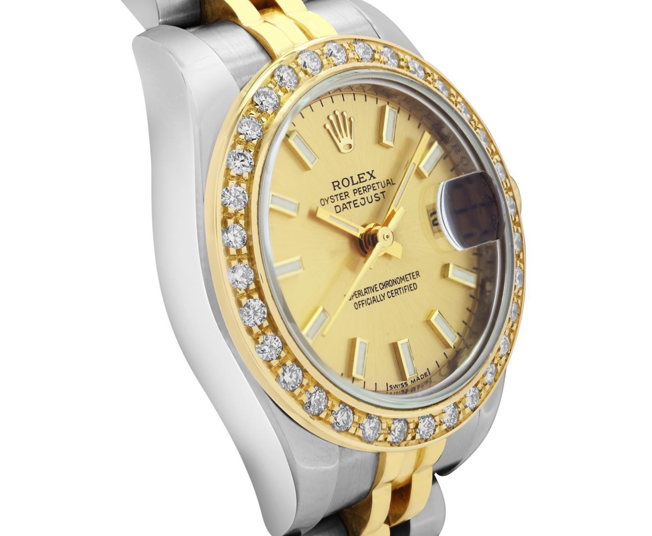 Rolex Ladies 18K Gold And Steel Champagne Index Diamond Bezel Hidden Clasp Datej