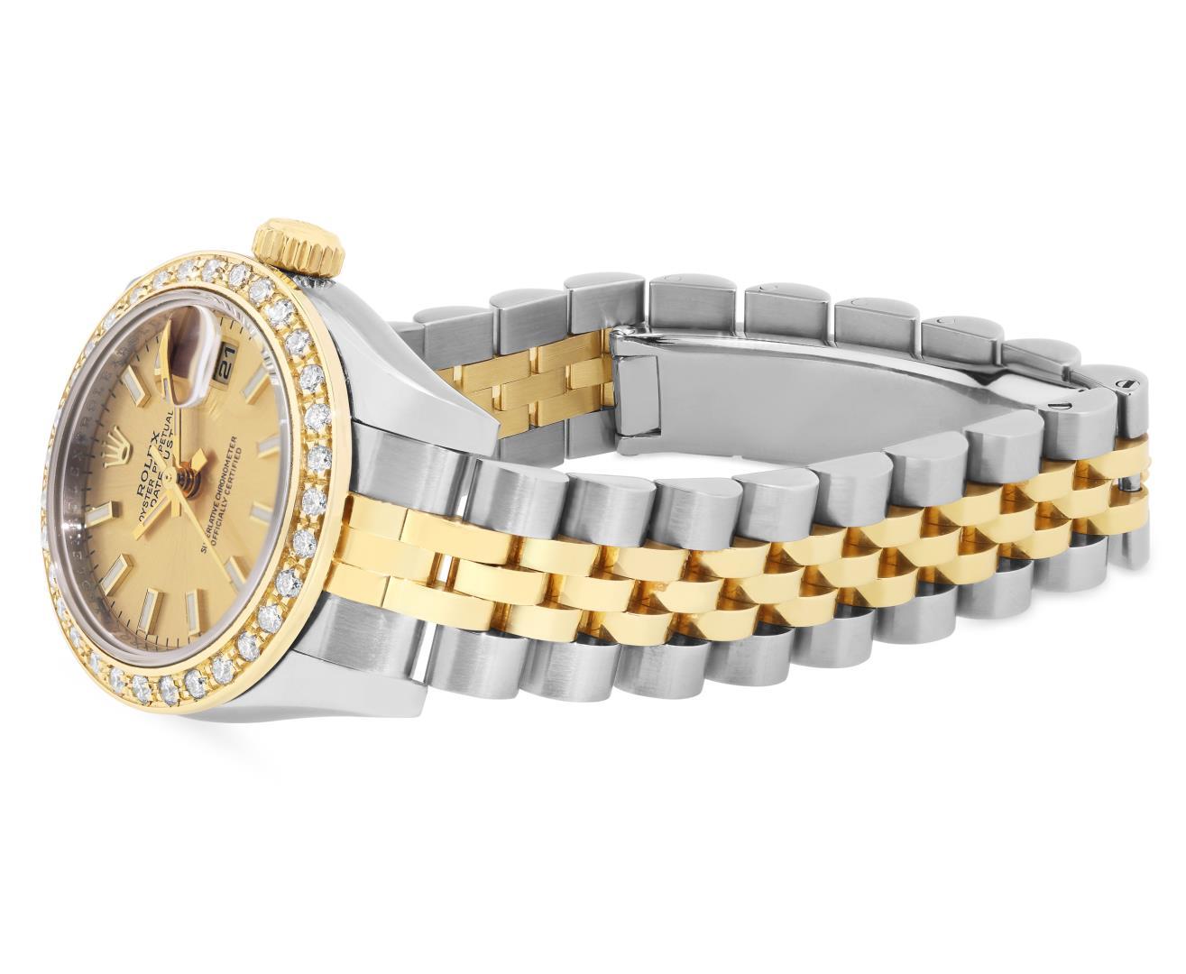Rolex Ladies 18K Gold And Steel Champagne Index Diamond Bezel Hidden Clasp Datej