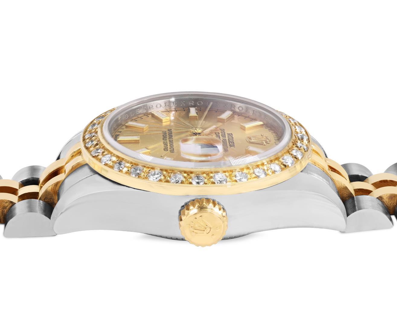 Rolex Ladies 18K Gold And Steel Champagne Index Diamond Bezel Hidden Clasp Datej