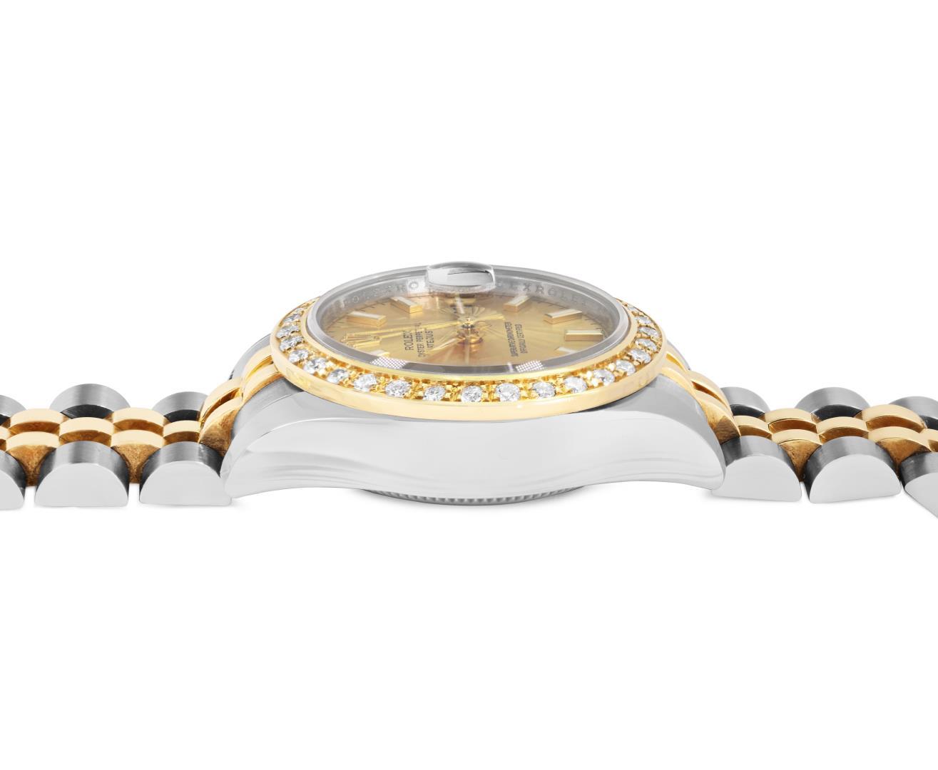 Rolex Ladies 18K Gold And Steel Champagne Index Diamond Bezel Hidden Clasp Datej