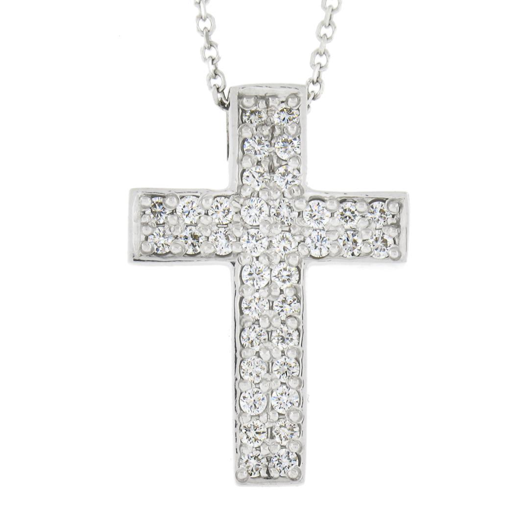 NEW 14k White Gold.60 ctw Round Pave Diamond Boxy Cross Slide Pendant & 18 Chain