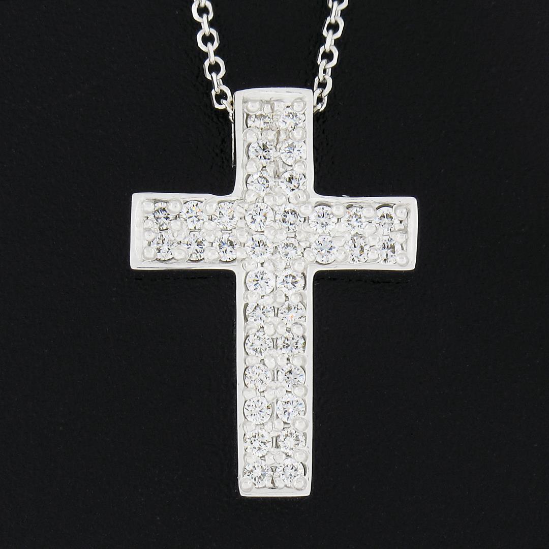 NEW 14k White Gold.60 ctw Round Pave Diamond Boxy Cross Slide Pendant & 18 Chain