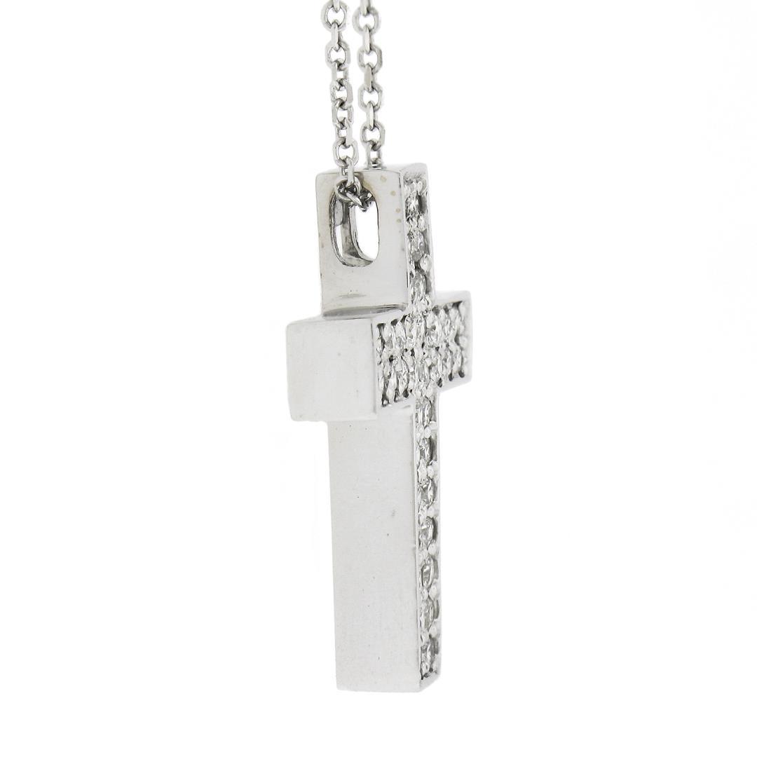 NEW 14k White Gold.60 ctw Round Pave Diamond Boxy Cross Slide Pendant & 18 Chain