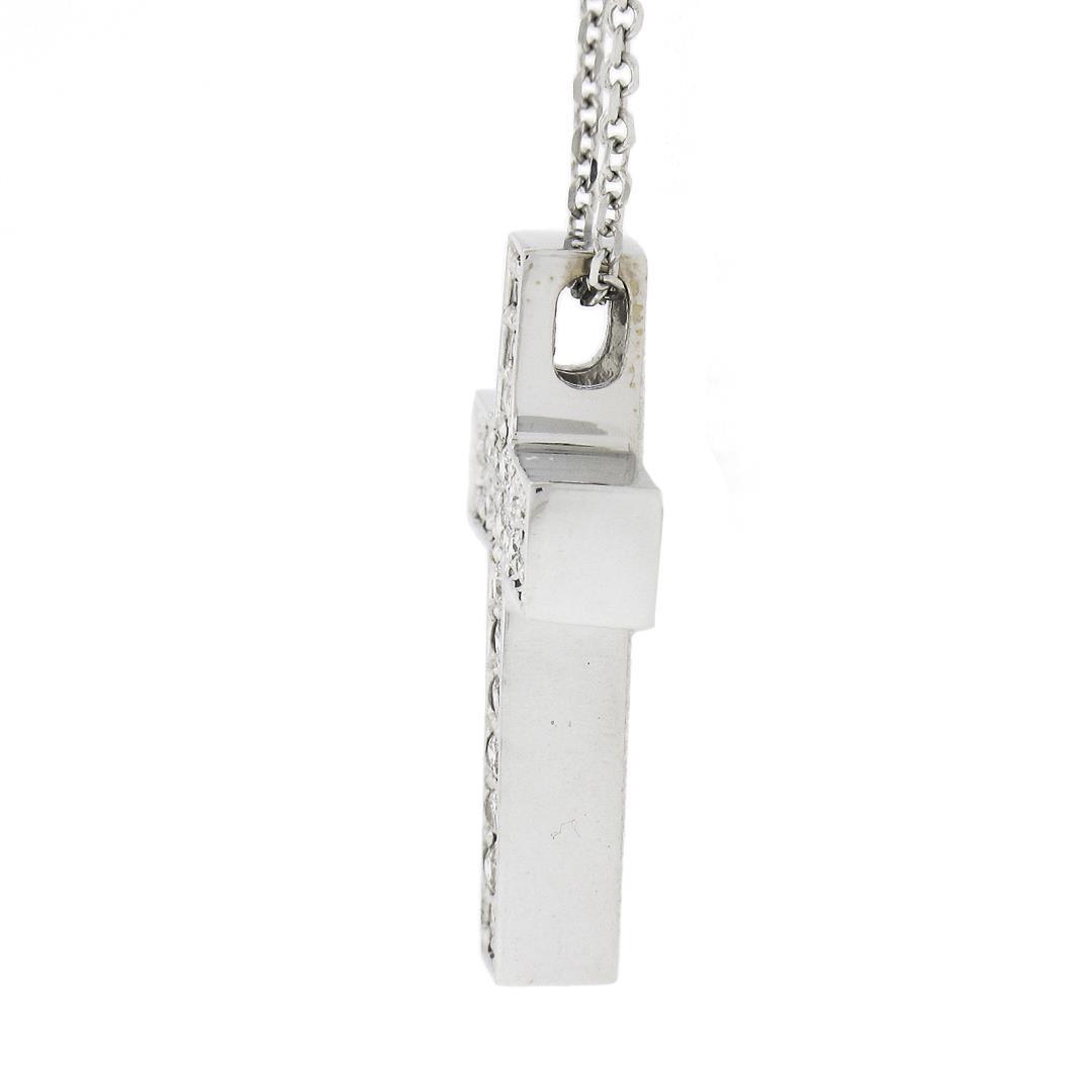 NEW 14k White Gold.60 ctw Round Pave Diamond Boxy Cross Slide Pendant & 18 Chain