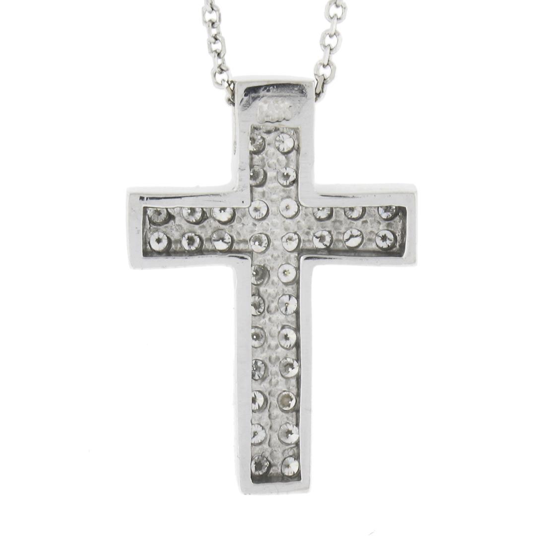 NEW 14k White Gold.60 ctw Round Pave Diamond Boxy Cross Slide Pendant & 18 Chain