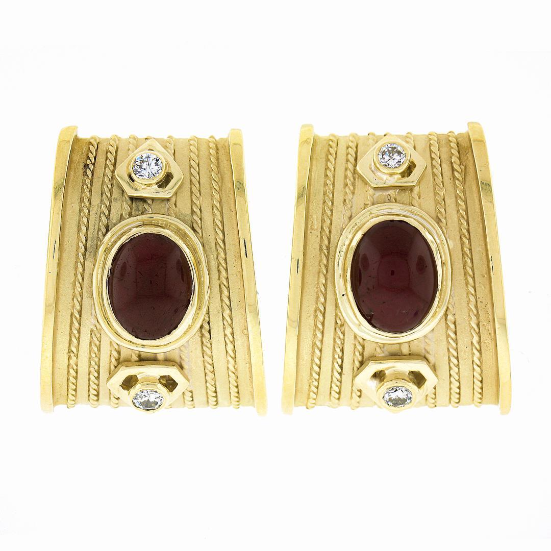 18k Gold Oval Cabochon Ruby & Diamond Twisted Wire Dual Finish Clip On Earrings