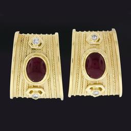 18k Gold Oval Cabochon Ruby & Diamond Twisted Wire Dual Finish Clip On Earrings