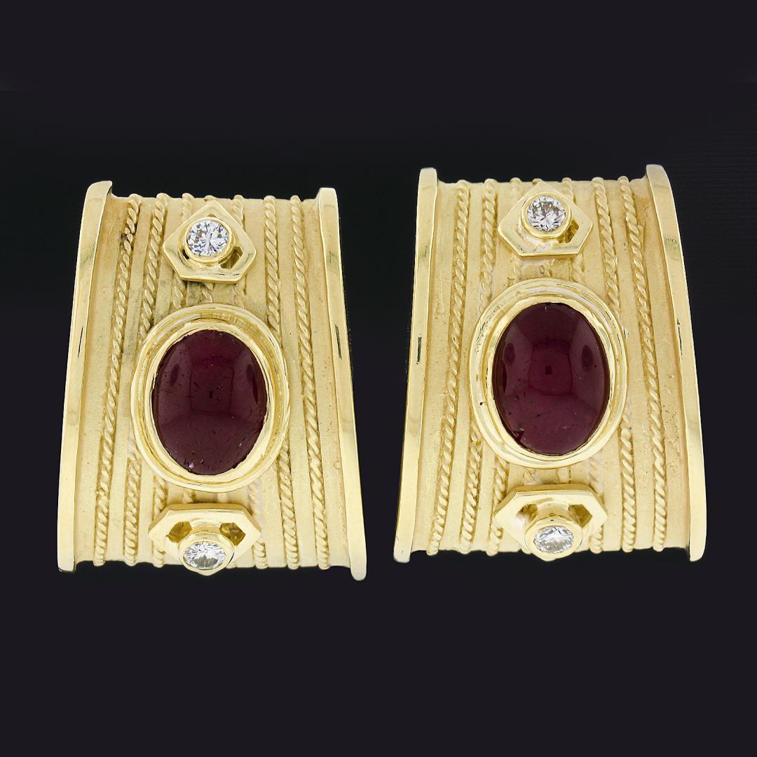 18k Gold Oval Cabochon Ruby & Diamond Twisted Wire Dual Finish Clip On Earrings