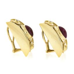 18k Gold Oval Cabochon Ruby & Diamond Twisted Wire Dual Finish Clip On Earrings