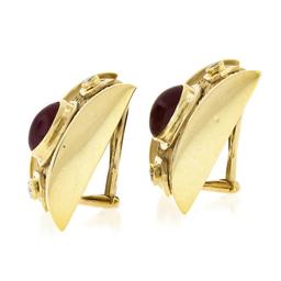 18k Gold Oval Cabochon Ruby & Diamond Twisted Wire Dual Finish Clip On Earrings