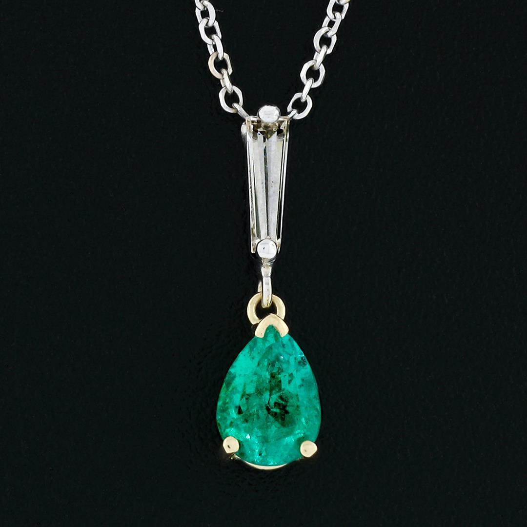 Petite 14K TT Gold .81 ctw Pear Emerald Long Baguette Diamond Drop Dangle Pendan