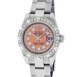 Rolex Ladies Stainless Steel Quickset Salmon String Diamond Datejust Wristwatch