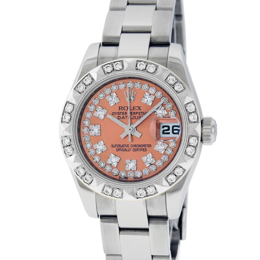 Rolex Ladies Stainless Steel Quickset Salmon String Diamond Datejust Wristwatch