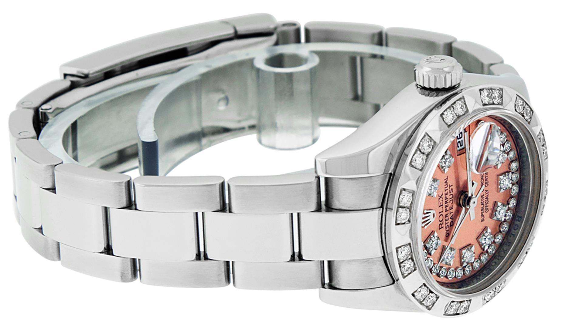 Rolex Ladies Stainless Steel Quickset Salmon String Diamond Datejust Wristwatch