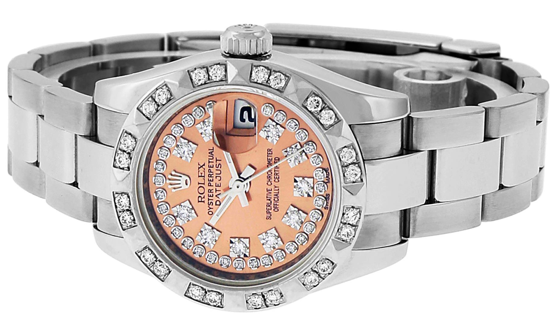 Rolex Ladies Stainless Steel Quickset Salmon String Diamond Datejust Wristwatch