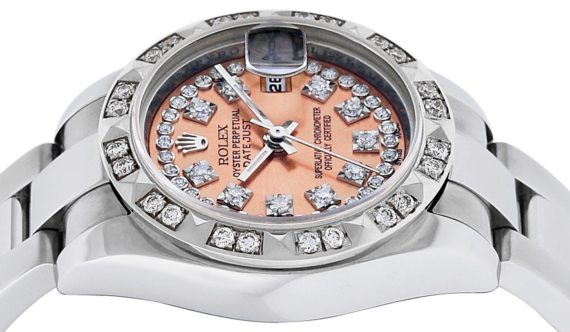 Rolex Ladies Stainless Steel Quickset Salmon String Diamond Datejust Wristwatch