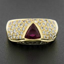 18K Yellow Gold GIA Bezel Triangular Ruby Solitaire Pave Diamond Dome Band Ring