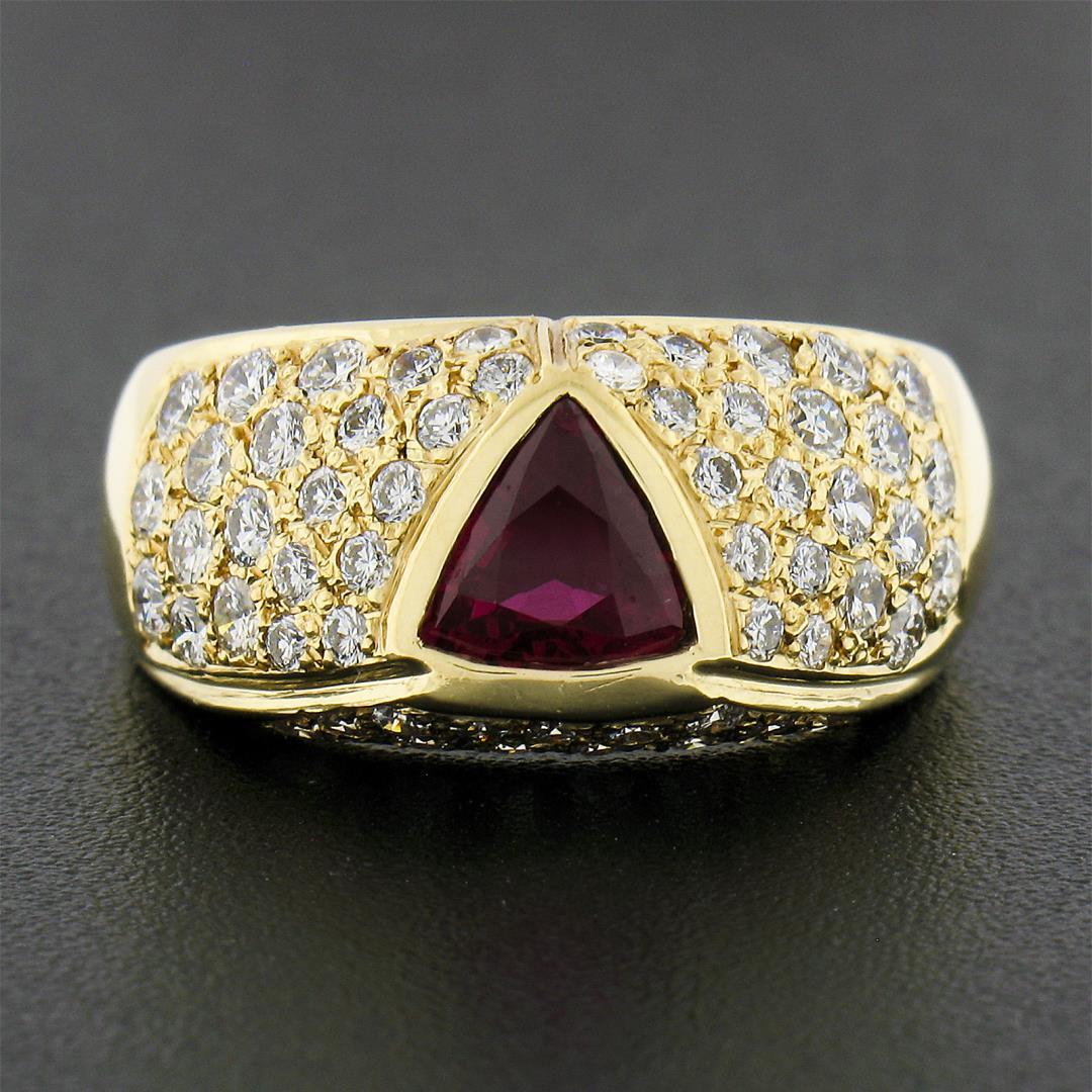 18K Yellow Gold GIA Bezel Triangular Ruby Solitaire Pave Diamond Dome Band Ring