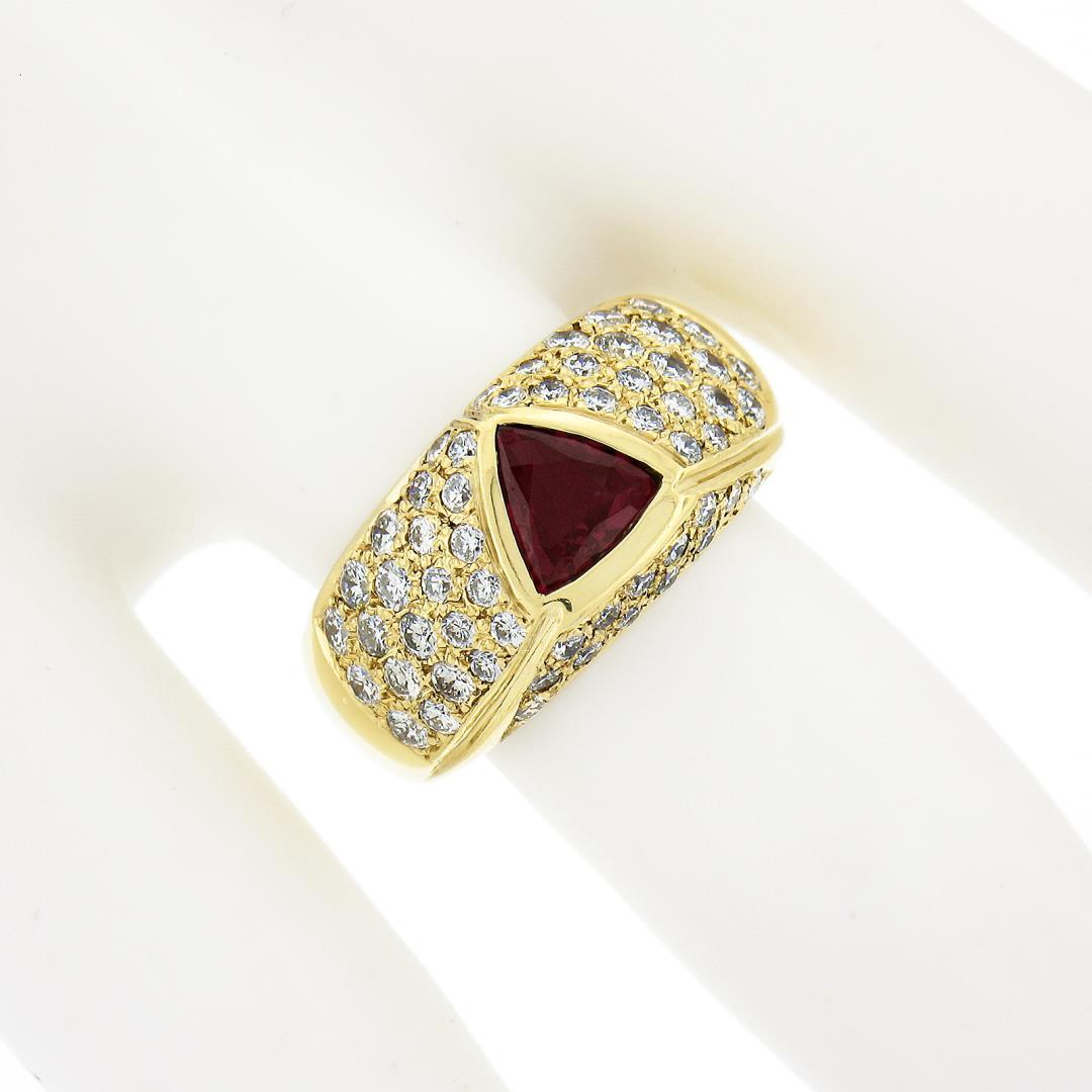 18K Yellow Gold GIA Bezel Triangular Ruby Solitaire Pave Diamond Dome Band Ring