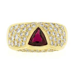 18K Yellow Gold GIA Bezel Triangular Ruby Solitaire Pave Diamond Dome Band Ring