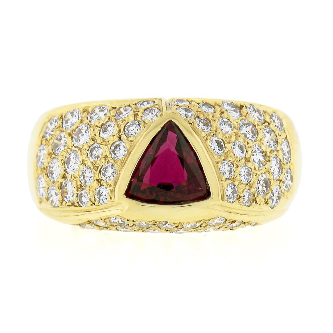 18K Yellow Gold GIA Bezel Triangular Ruby Solitaire Pave Diamond Dome Band Ring