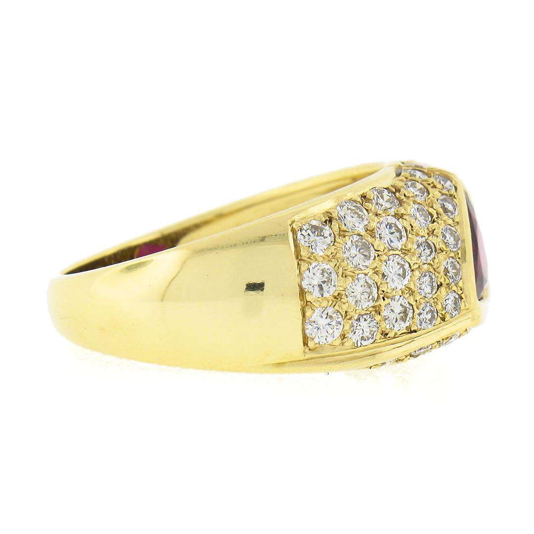 18K Yellow Gold GIA Bezel Triangular Ruby Solitaire Pave Diamond Dome Band Ring