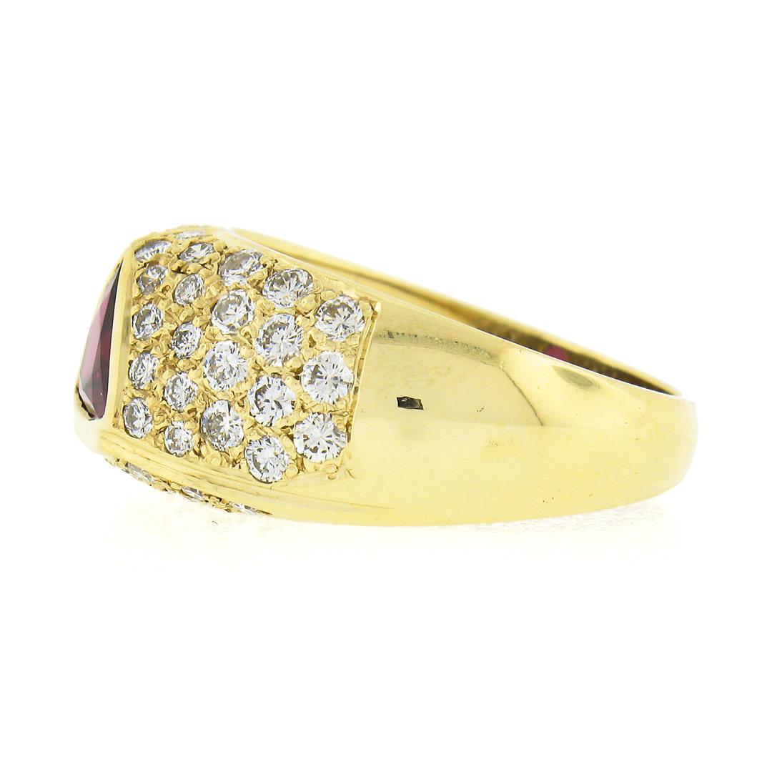 18K Yellow Gold GIA Bezel Triangular Ruby Solitaire Pave Diamond Dome Band Ring