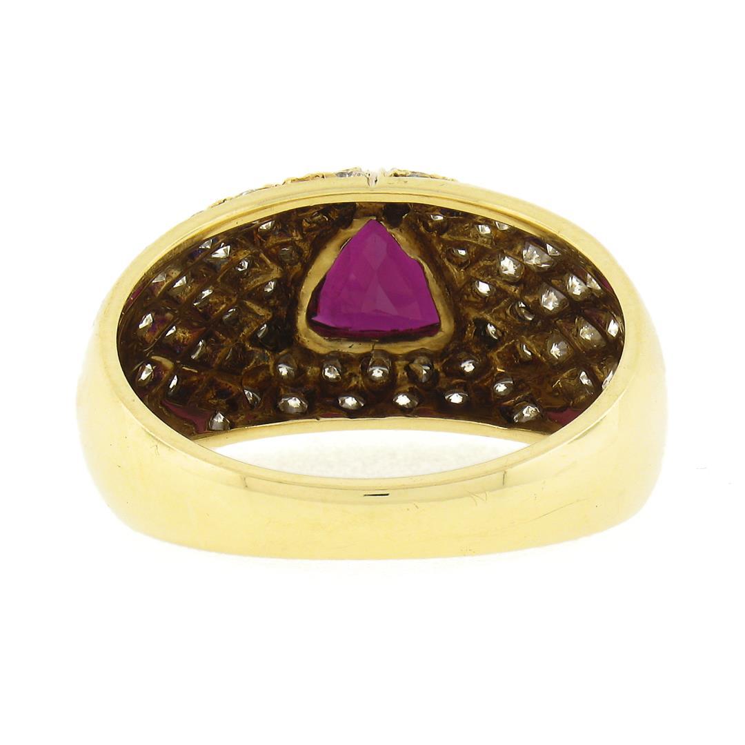 18K Yellow Gold GIA Bezel Triangular Ruby Solitaire Pave Diamond Dome Band Ring