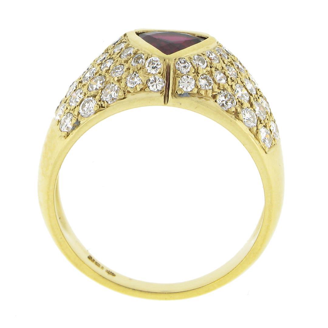 18K Yellow Gold GIA Bezel Triangular Ruby Solitaire Pave Diamond Dome Band Ring