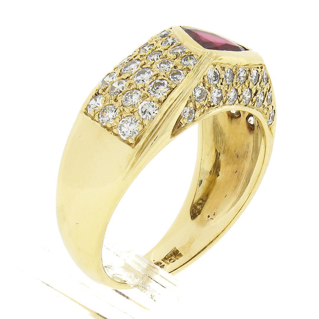 18K Yellow Gold GIA Bezel Triangular Ruby Solitaire Pave Diamond Dome Band Ring
