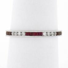 18k White Gold 0.70 ctw Square Ruby & Round Diamond Milgrain Eternity Band Ring