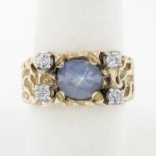 Unisex Vintage 14K Yellow Gold Oval Cabochon Star Sapphire & Diamond Nugget Ring