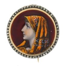 Antique 18k Gold Silver Hand Enamel Portrait & Old Cut Diamond Frame Pin Brooch