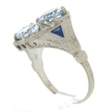 Antique Art Deco 18K Gold Moi et Toi Aquamarine & Sapphire Wheat Engraved Ring