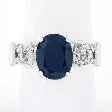 Vintage Platinum 4.95 ctw GIA Oval Dark Blue Sapphire w/ Old European Diamond Ri