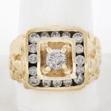 Men's Solid 14K Yellow Gold 1.26 ctw Diamond Solitaire & Halo Nugget Style Ring