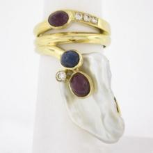 14k Yellow Gold Baroque Pearl w/ Diamond, Cabochon Ruby & Sapphire Wrap Ring