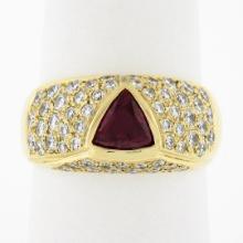 18K Yellow Gold GIA Bezel Triangular Ruby Solitaire Pave Diamond Dome Band Ring