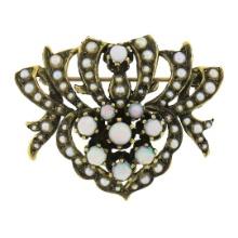 Vintage Victorian Revival 14K Yellow Gold Cabochon Opal Seed Pearl Brooch Pin