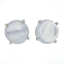 New 14K White Gold 3.54 ctw Round Cabochon Blue Prong Set Moonstone Stud Earring