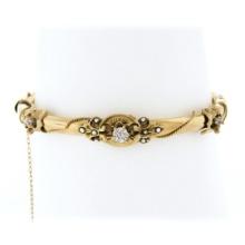 Antique Victorian 14k Gold 0.50 ctw Diamond Seed Pearl Hinged Tube Bangle Bracel
