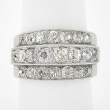 Antique Edwardian Platinum 2.75 ctw Chunky Old Mine Diamond 3 Row Wide Band Ring